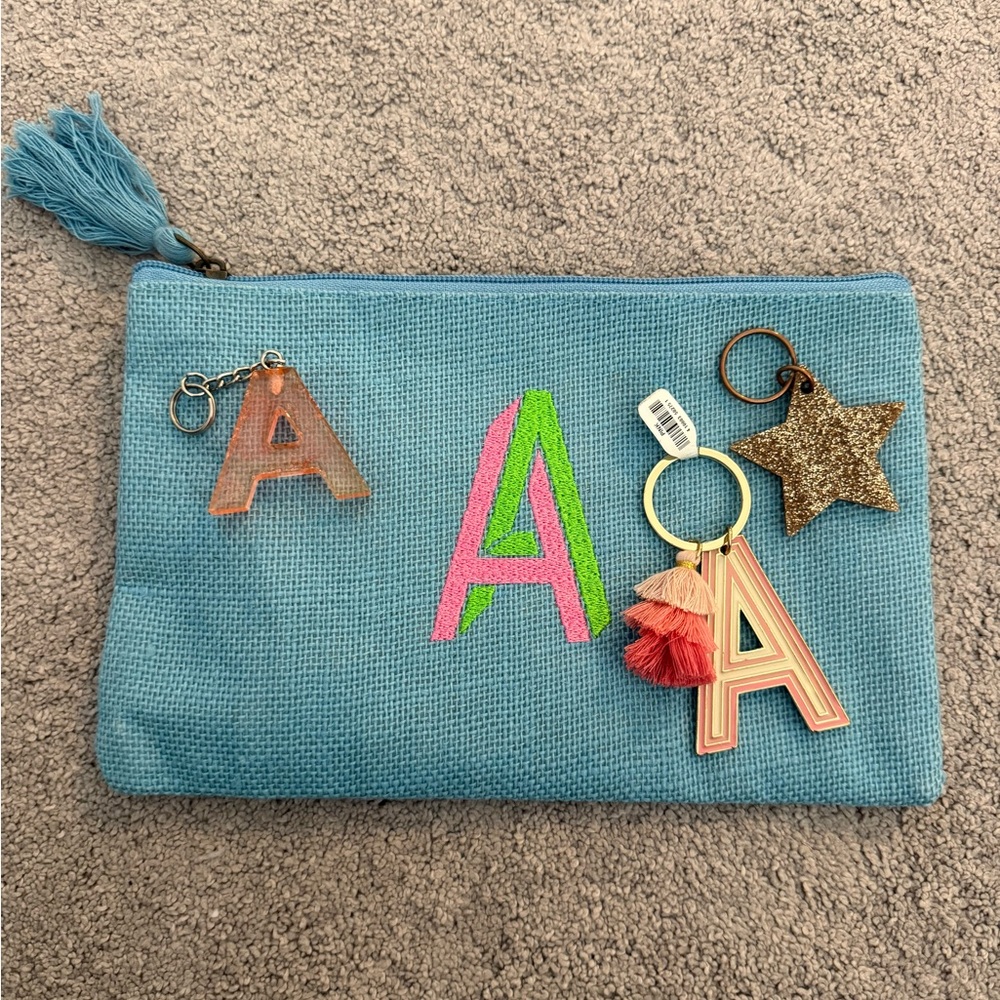 Letter “A” Blue Accessory Pouch with Colorful “A” Charms and Star Charm